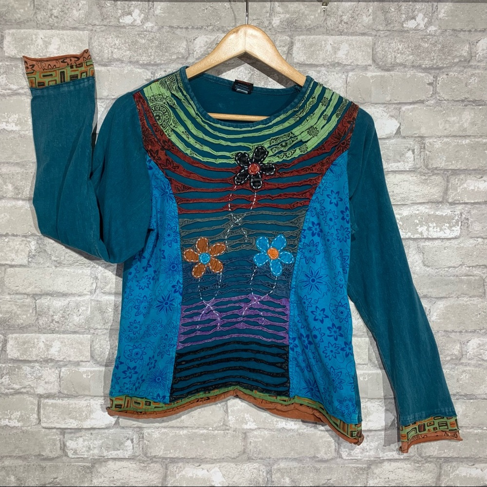 Hand Crafted in Nepal Women's Large Textured Bohemian Long Sleeve Top. Floral